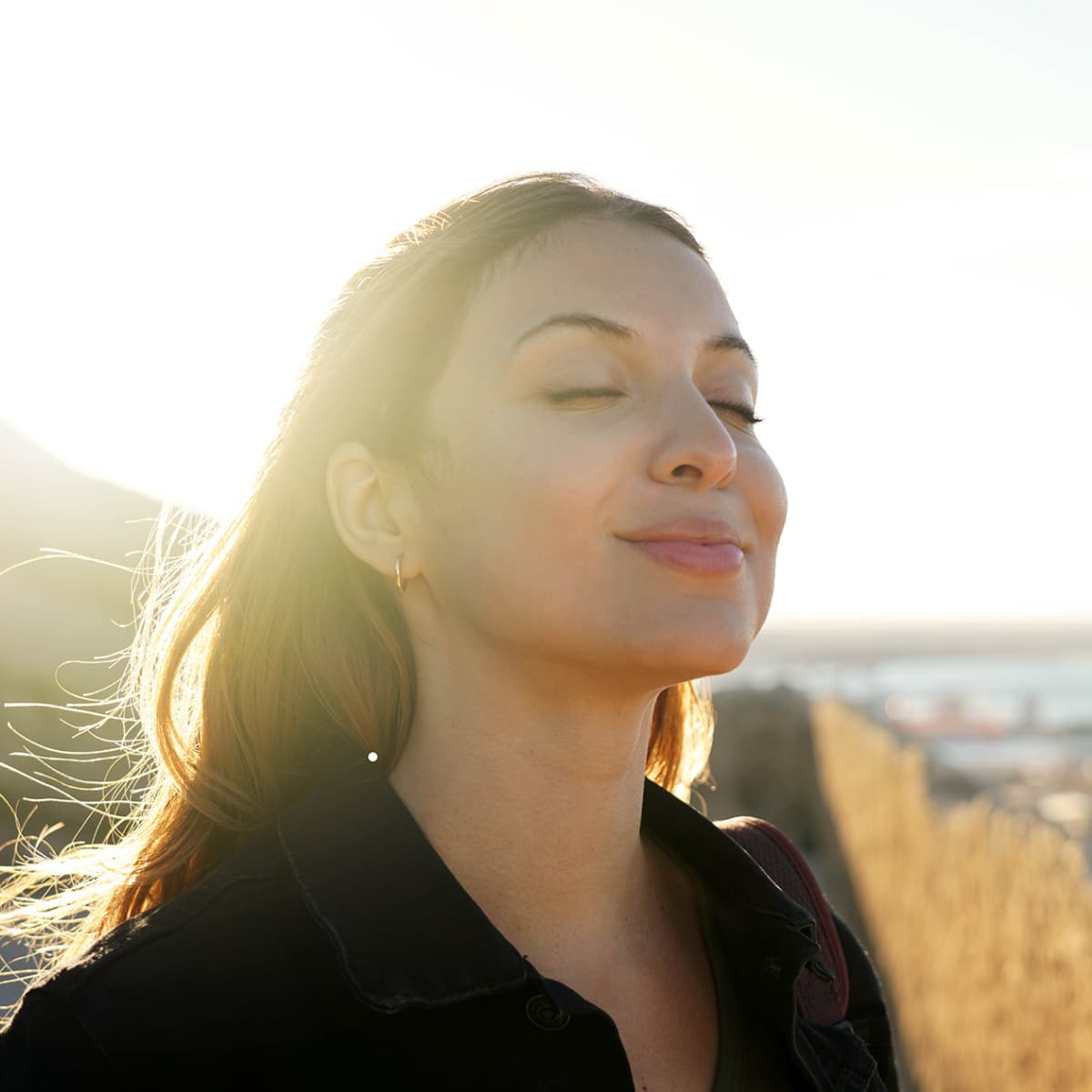 Woman deep breath of peace.
