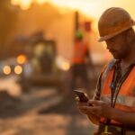 A construction worker looking at his cell phone