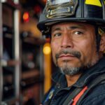 Firefighter in helmet and other gear standing near firetruck and facing the camera